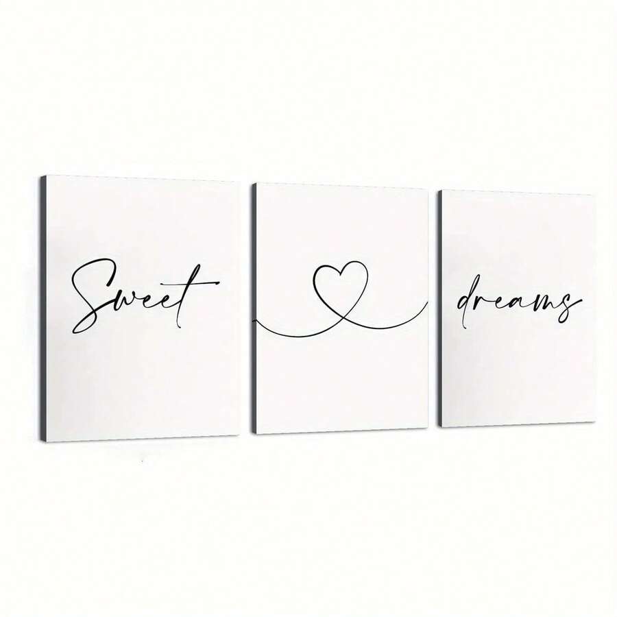 Sweet Dreams 3pcs Canvas Wall Art Set - Black & White, Waterproof Pine Wood Frames For Bedroom, Living Room, Office Decor - Modern Cartoon Prints, Perfect Gift Idea - Multicolor - View 1