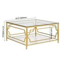 Square Glass Coffee Table In 33.5", Luxurious Geometric Metal Frame, Gold Finish & Lower Shelf, Transparent