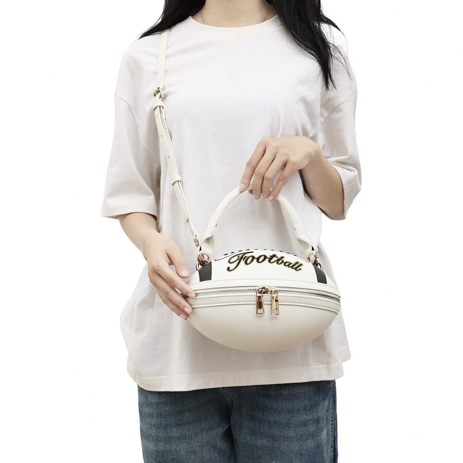 Football Shaped Crossbody Handbag - Unique Sports-Themed Purse With Adjustable Strap - White - View 1