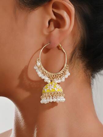 1 par klassiska retro färgglada oljedroppande blommiga pärlörhängen, bohemiska örhängen, lämpliga för kvinnors vardags- och festivalkläder