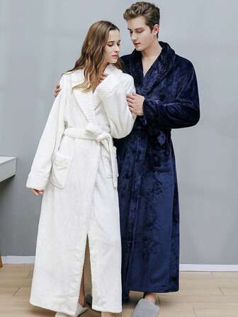 1PC Winter And Spring Thick Couple Bathrobe, Simple And Elegant After-Bath Men's And Women's Sleepwear, Suitable As Gifts For Valentine's Day/Independence Day/Halloween/Christmas. Can Be Worn In Winter And Spring.Thickened,Flannelette,Flannel Warm Winter Decor