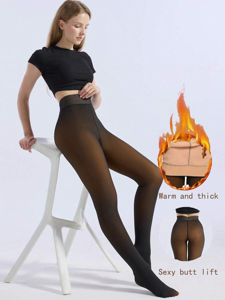 Elegant Women's Winter Fleece Socks. Weighing 200 Grams, Made Of Elastic Fleece Fabric, High-Waisted Design, Extra Thick For Warmth. - 黑透蜂蜜 - 查看 1