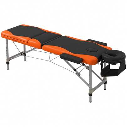  HOMCOM Foldable Massage Bed Portable Table, 3-Section Aluminium Foldable Beauty Couch, Professional Salon Spa Table With Headrest Support And Carry Bag, 60 Cm Width, Black And Orange