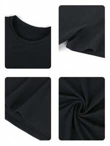 Camiseta casual de mujer de manga corta con cuello redondo y hombros descubiertos, con estampado de letras, para uso diario y versátil. Blusas gráficas de mujer en blanco, negro y rosa para outfits de vacaciones - Negro - Ver 2