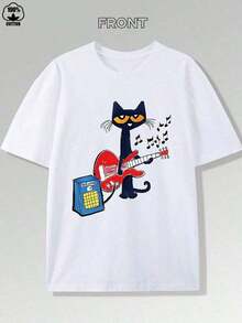 Camiseta con estampado de gatito de guitarra musical vibrante -220g, camiseta de algodón puro de manga corta y cuello redondo, camiseta de moda y casual para hombres - estampado de dibujos animados de alta calidad, suave y transpirable, perfecta para entusiastas de la música y fanáticos de los gatitos GMNI - Blanco - Ver 12