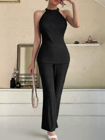 2pcs 2025 New European & American Style Solid Color Elegant Sleeveless Long Tank Top With Backless Design & High Waist Bell-Bottom Pants Casual Two Pieces Set, Spring/Summer