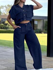 2 Peças Conjunto de Roupa Casual de Tecido Trançado - Camisa de Manga Curta e Calça, Versátil e Prático, Estilo Urbano Chique