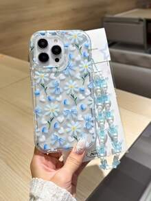 Blue Floral Phantom Wave Pattern Anti-Drop Phone Case With Butterfly Lanyard, Compatible With Apple 16, 14 Pro Max, High-Quality New 13, 15, Ins Style 12/12 Pro, 11, 13 Pro Max, XS, 12 Pro Max, 16