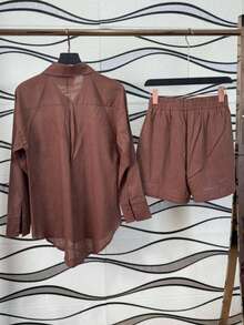 Imported Women's Linen Set / Button / Lining / / Women's - Mocha Brown - View 2