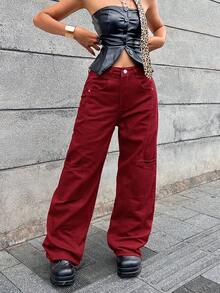 男友风拼接女式直筒牛仔裤 - 紅色 - 查看 6