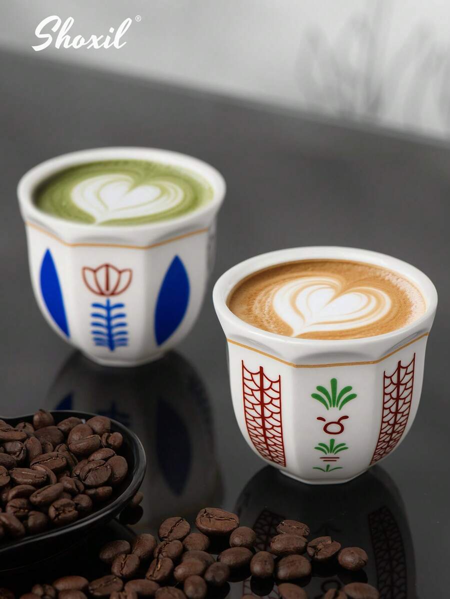 shoxil 1 Stück Keramik Kaffeetasse im Nahost-Stil, Espresso Becher, Teetasse, Latte Art Becher, Palmen-/Tulpen-Muster, farbenfrohe minimalistische Gestaltung, glatter Rand zum Festhalten, perfekt für Zuhause/Cafés/Zusammenkünfte, Geschenk für Feste