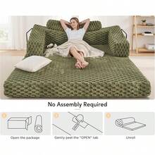 Foldable Sofa Bed, Convertible Floor Sofa With Plush Faux Fur, No Assembly Mattress Couch For Living Room, Apartment, Bedroom - Green - View 3