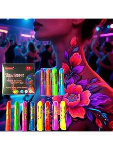 6支夜光蜡笔，色彩鲜艳，在紫外光下会发光，适用于人体和面部彩绘，新年/化妆舞会/节日/万圣节/迪斯科妆容；另附10支万圣节服装、节日艺术绘画用染发粉笔。 - 彩色 - 查看 3
