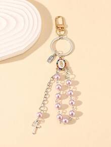 1 pezzo Portachiavi con ciondolo a croce con perle e strass della Vergine Maria, adatto per decorare borse o come regalo per insegnanti, famiglia e amici durante la stagione del ritorno a scuola, accessori per auto, stile gotico carino Y2K