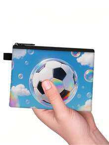 1 pieza Monedero compacto con cremallera, bolsa con cremallera de poliéster de moda y duradera con estampado gráfico de fútbol, ideal para guardar monedas y pequeños artículos esenciales, regalo divertido con cierre , material duradero, fácil de cuidar, regalo para fiesta deportiva y vacaciones