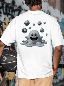 Smiling Blob Graphic Tee , Men's Double-Sided Printed Fashionable Casual Crew Neck 220gsm Pure Cotton T-Shirt(1 PC) - White - View 3