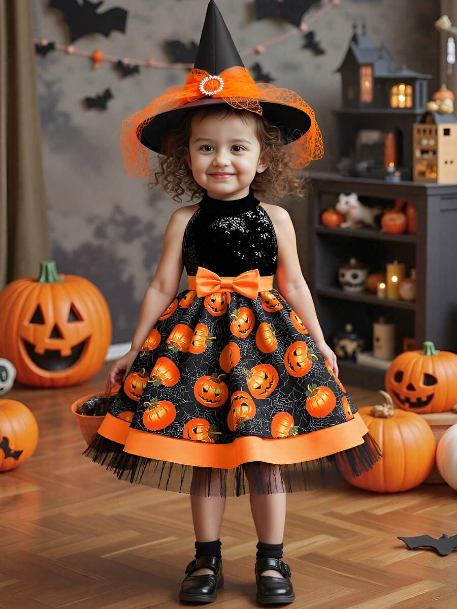 Vestido de princesa preto com estampa de abóbora e decote halter para bebês, ideal para festas de fim de ano. - Preto - Ver 1