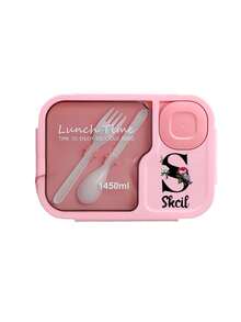 1 pieza Caja de almuerzo de gran capacidad con nombre personalizado, Caja de almuerzo para adultos de 1450ml, de tres compartimentos, a prueba de fugas, impresa con flores rojas e iniciales negras de la A a la Z, Caja de almuerzo personalizada, con cubiertos incorporados y compartimento separado para salsa