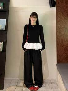 芭蕾风格荷叶边黑色长袖 T 恤，女式新款修身汗衫 - 黑色 - 查看 10