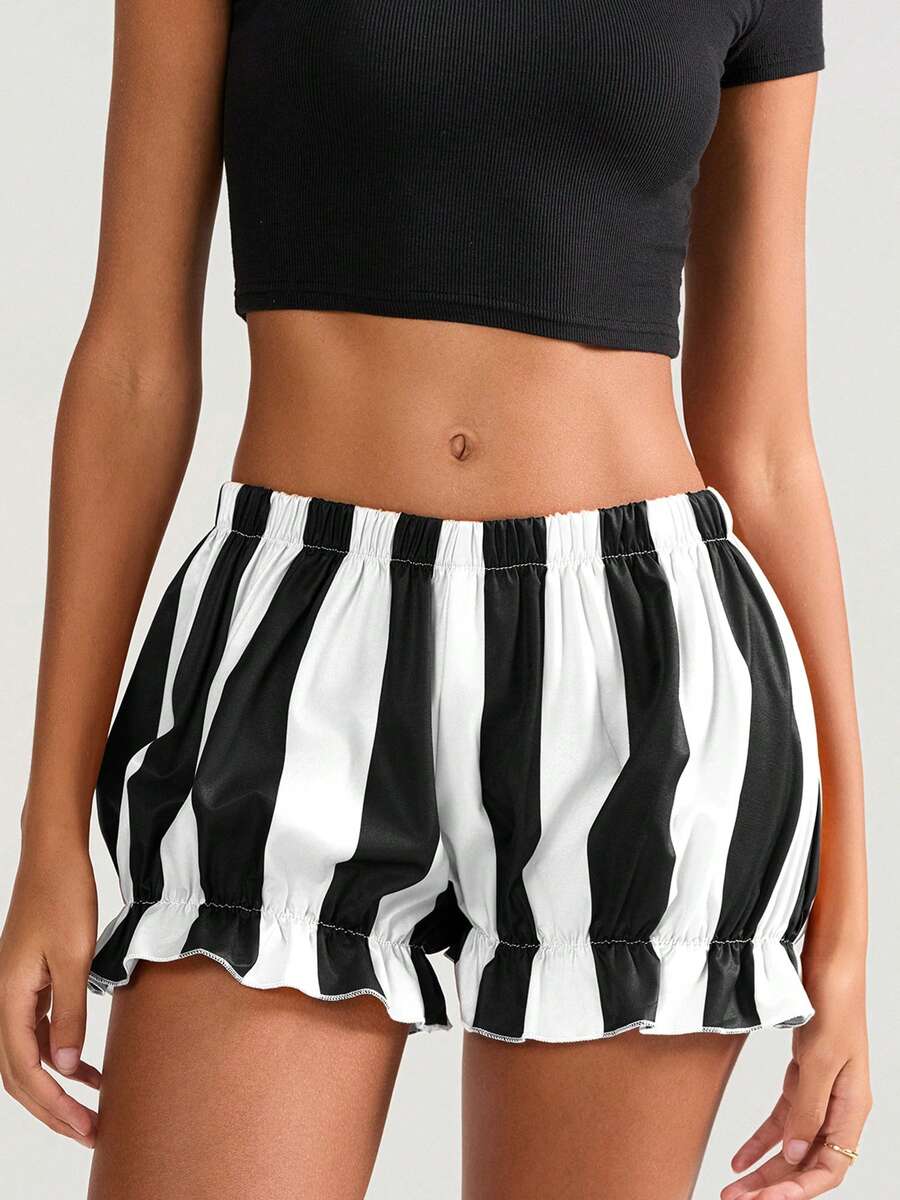 Women's Fashion Bloomers Shorts Halloween Stripe Elastic Waist Short Pants Summer Casual Shorts - 黑色 - 查看 1