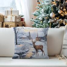 1 buc. Față de pernă decorativă în stil vintage de Crăciun, imprimată pe o singură față - Față de pernă din catifea piersică, 45*45cm