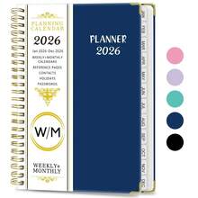 2026/1-12 Months A5 Planner Notebook, 71 Sheets/142 Pages - Monthly & Weekly Calendar, Pink & Gold Edges, Elastic Closure, Inner Pocket, Ideal For Office & School Organization
