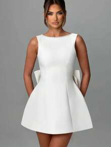 Women's New Summer Pearl Bow Fashionable Slim Short Skirt, Hot Girl Waist-Detached A-Line Solid Color Dress - 白色 - 查看 5