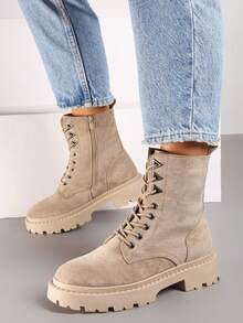 Women's Lace-Up Chunky Boots - Casual Winter Rock Style - Khaki - View 1