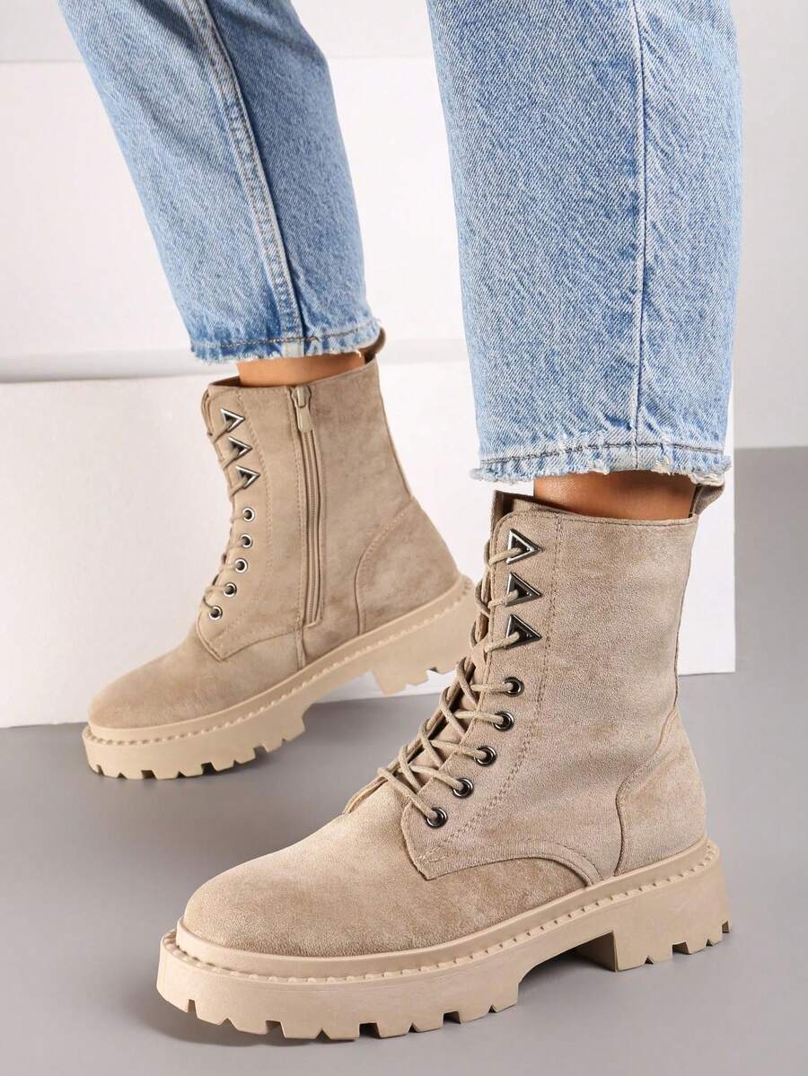 Women's Lace-Up Chunky Boots - Casual Winter Rock Style - Khaki - View 1