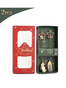 2pcs/Set Cute Christmas Spoon + Christmas Fork - Santa Claus Figurine Spoon + Fork Set - Cartoon Adorable Christmas Gift Set