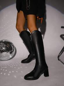 Botas Cano Alto Confortáveis e Versáteis, Botas Elásticas com Zíper Traseiro de Couro Supermacio Sexy para Mulheres, Uso em Festas, Outono/Inverno