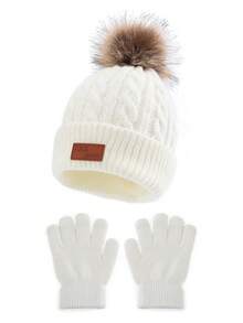 1 Set (1 Hat + 1 Pair Gloves) Kids Knit Hat With Leather Label, Autumn/Winter - 1PC - View 4