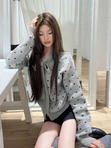 优雅灰色波点蝴蝶结开衫毛衣外套，女士秋冬度假装 - 灰色 - 查看 4