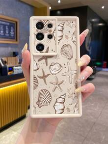 Suitable For Android Phones S25Ultra S24Ultra S23Ultra S22Ultra/Redmi14 Compatible With Redmi Note 14/Compatible With OPPO/Compatible With Realme/Compatible With Infinix Series, 1pc Fashionable Anti-Fingerprint Shock-Proof Anti-Drop Phone Case, Ocean Elements Starfish & Shell Pattern, Minimalist Design Soft Silicone Protective Cover,International Version, Not The Domestic Version - Beige - View 2