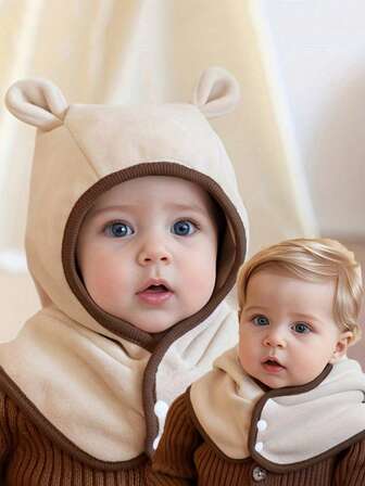 1 st babymössa med halsduk, varm tjock vintermössa med hörselskydd, söt björndesign, lämplig för spädbarn 1-3 år, vindtät för utomhusbruk, höst/vinter
