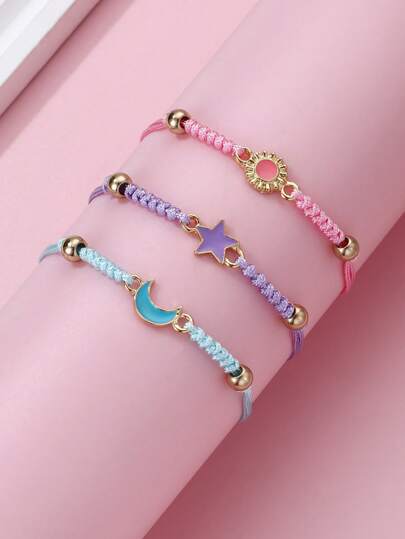 3pcs/Set Sun, Moon & Star Zinc Alloy Colorful Polyester Wax Cord Braided Bracelets, Suitable For Teenagers Casual Daily Wear Jewelry