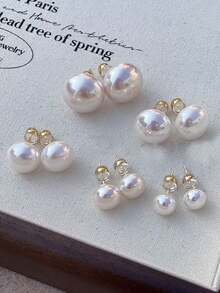 5pcs/Set Minimalist French Style White Flat Round Bun Faux Pearl Stud Earrings, Elegant Vintage High-End Earrings Suitable For Women's Daily And Holiday Wear - Set a - View 4