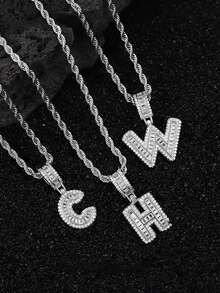 1 pieza Colgante de lujo de circonita cúbica plateada con collar de acero inoxidable, adecuado para uso diario de hombres y mujeres, collar con diseño de letra para parejas, regalo del Día de San Valentín