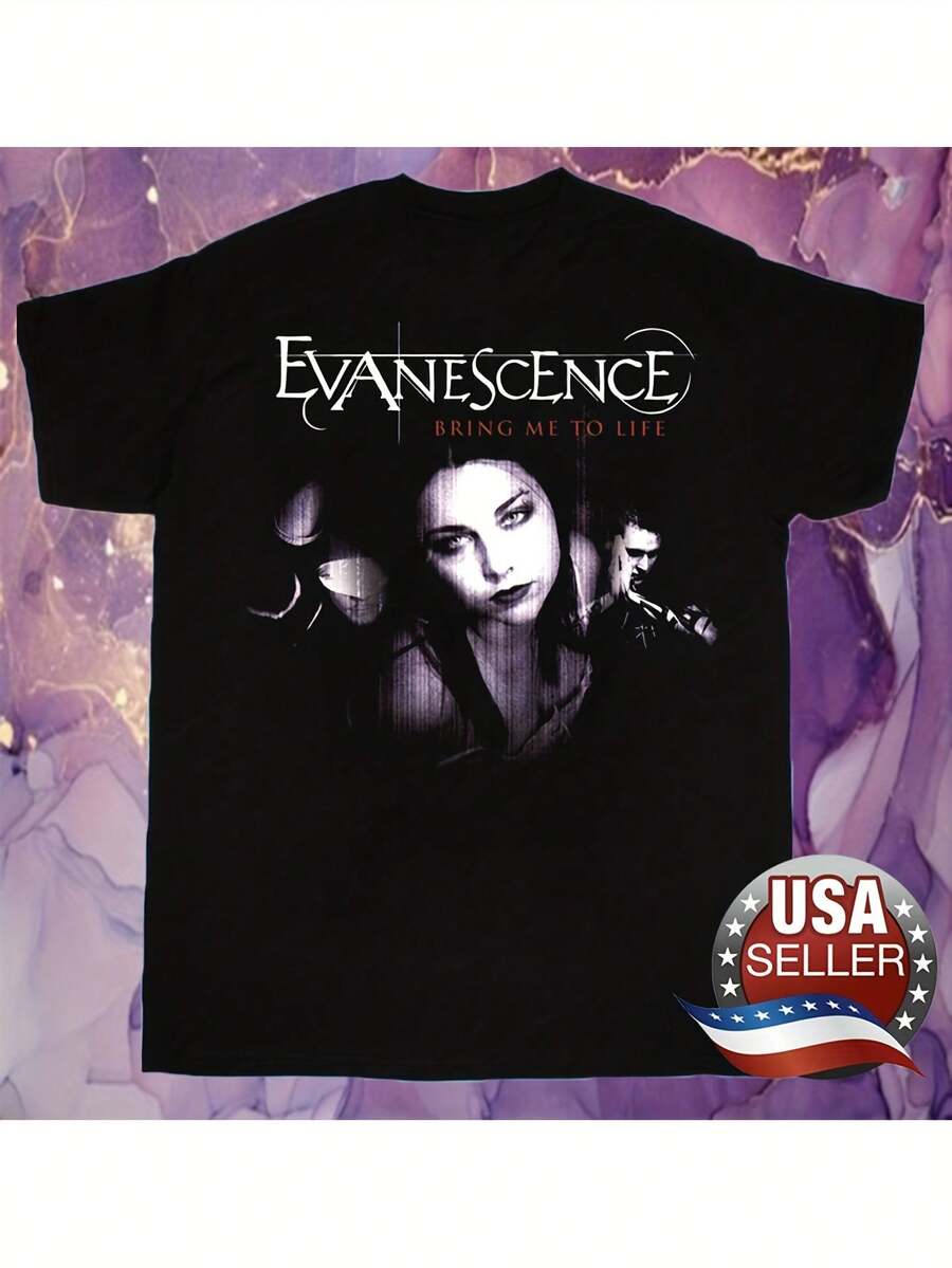 Evanescence "Bring Me To Life" Graphic T-Shirt| Unisex Cotton Tee| Round Neck, Regular Fit| All-Season Comfort| Machine Washable & Dry Clean | Ideal For Music Festivals & Casual Attire| Multi-Size S-3XL, Music T Shirts - 黑色 - 查看 1