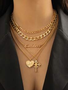 5 Stücke/Set Vintage Mehrschichtiges Herz geprägtes Portrait Kreuz Halskette, Hip-Hop personalisierte Buchstaben Kette Schmuck