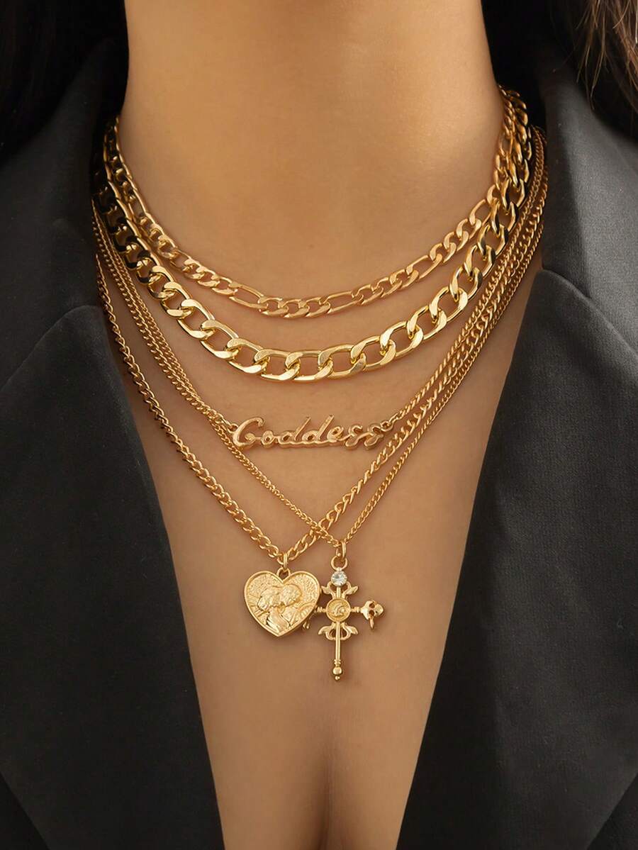 5 Stücke/Set Vintage Mehrschichtiges Herz geprägtes Portrait Kreuz Halskette, Hip-Hop personalisierte Buchstaben Kette Schmuck