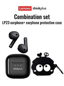 Lenovo 联想 LP23 蓝牙耳机保护套组合，半入耳式立体声效果，高清语音通话，灵敏麦克风，智能降噪，音乐游戏双模式，低延迟，长续航，适用于智能手机和电脑 - 黑色+1保護套 - 查看 2