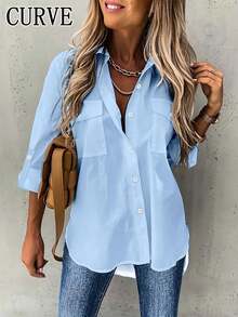 Plus Size Women Cuffed Sleeve Casual/Work Solid Color Collared Shirt - Blue - View 1