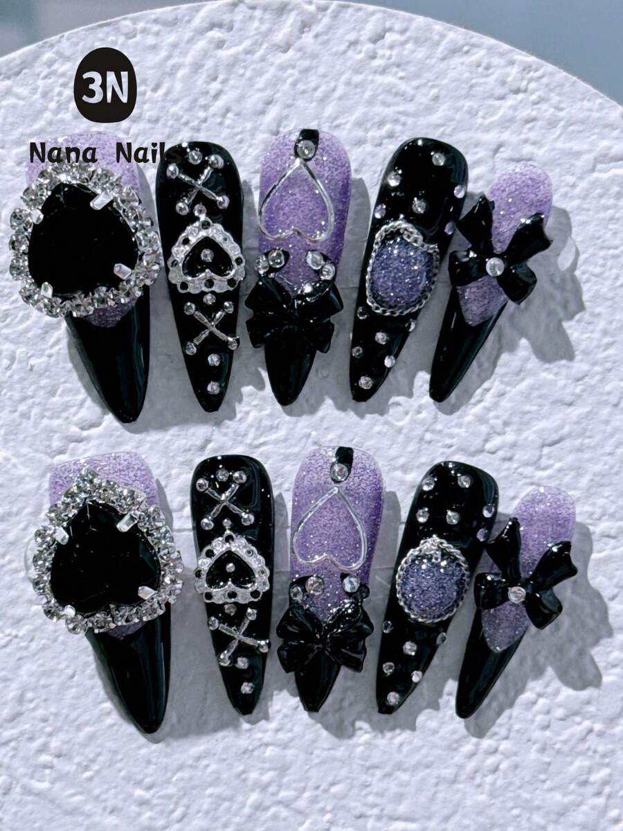 10Pcs Press On Nails Vibrant Y2K Nails Purple&Pink, Sparkling Purple & Black French Tip Nails, Press-On Adhesive Art With Customizable Geometric Designs, Halloween Nails Nail Supplies Nails - Purple - View 1