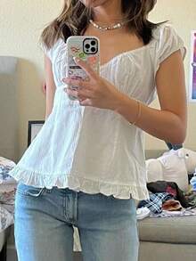 Y2k Summer Tops For Women Cute Sweetheart Neck Crop Tops Solid Color Short Sleeve Pleated Hem Button-Up Slim Fit Blouse Babydoll Tee Casual Going Out Tops Streetwear Fairy Clothes - 白色 - 查看 3