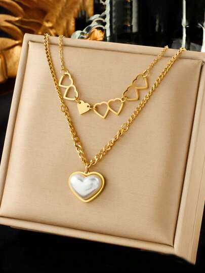 1pc Fashionable Niche Design Stainless Steel Multi-Layer Mixed Chain Pearlescent Heart Pendant Necklace, Versatile For Daily Wear