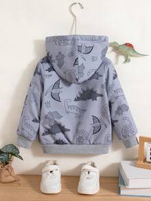 Jaqueta com Capuz de Fleece com Zíper e Estampa de Dinossauro Casual para Meninos, Adequada para Uso Externo, Outono/Inverno - Cinza - Visão 2