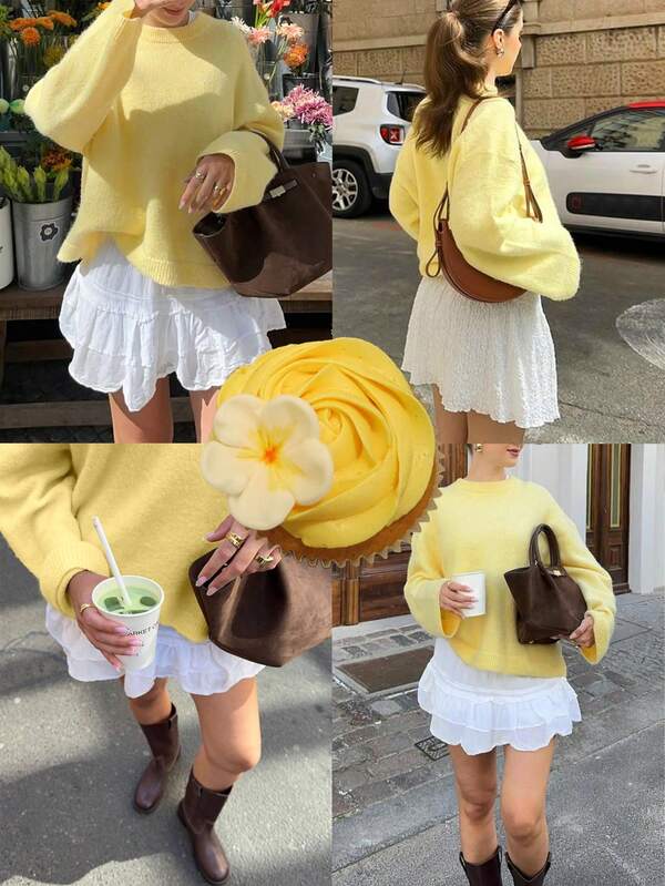 Autumn And Winter New Cream Yellow Round Neck Long Sleeved Knitted Sweater Top For Women, Loose And Comfortable Sweater Pullover,Fashionable And Gentle Korean Casual Street Simple Loose Slouchy Style Daily Commuting Sweater Pullover Autumn Women's Wear,Going Out Tops Women