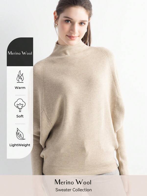 Women's Merino Wool Oversized Sweater 2025 Fall Winter Fashion Mock Neck Batwing Sleeve Knit Pullover Sweater