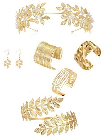 Conjunto de 5 piezas/7 piezas de ropa y accesorios con estilo de diosa griega, que incluye corona con forma de hoja, diadema, aretes, pulsera, aretes, tocado nupcial, adecuado para que las damas lo usen en fiestas, bodas y compromisos